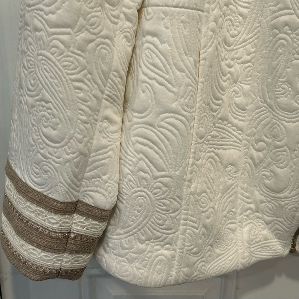 Dennis Basso Ivory Quilted Jacquard Knit Zip-front Jacket Lace Cuffs, Size 20W - Picture 3 of 8